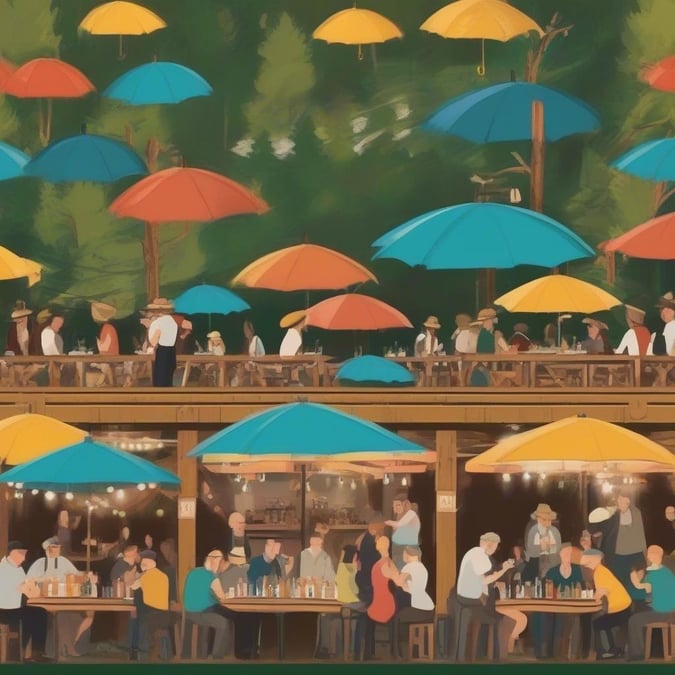 A vibrant scene from an Oktoberfest celebration, filled with people enjoying their time at the outdoor festival. The atmosphere is lively and festive, with guests seated at tables under colorful umbrellas, enjoying drinks and each other's company in the open air.