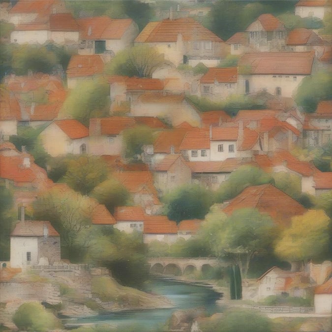 A quaint hillside village with red-roofed houses nestled among trees, overlooking a river.