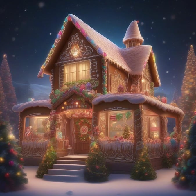 This Christmas wallpaper is a festive and fun way to decorate your desktop or mobile device. The image features a cute gingerbread house with candy decorations and a snowy scene, perfect for the holiday season.