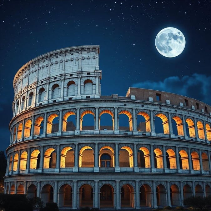 A stunning view of the Colosseum in Rome, Italy, at night. The moon shines brightly in the sky, casting a warm glow over the ancient structure.