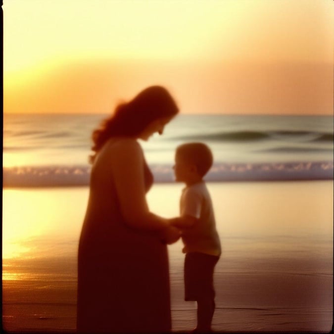 A heartwarming beach scene with a mother and her child sharing an evening stroll.