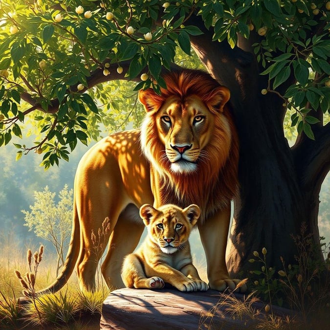 A majestic mother lion with her adorable baby cub, sharing a tender moment in their natural habitat. The image evokes a sense of warmth and safety under the protective shade of the tree.