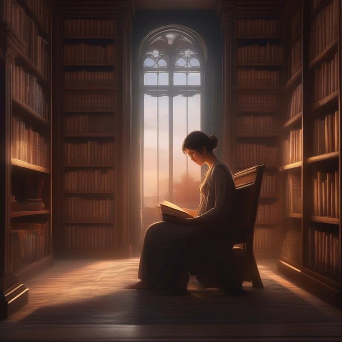 A serene scene where a woman finds tranquility in an old library, surrounded by the gentle whispers of history.