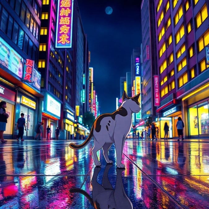 En surrealistisk anime-scene, hvor en humanoid kat går gennem de livlige gader i Tokyo om natten. Det våde fortov reflekterer neonlys og den mystiske kattefigur, hvilket skaber en drømmende atmosfære.