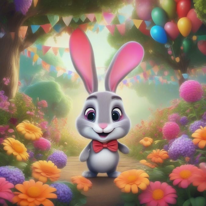 Follow your favorite animated bunny on an enchanting journey through a whimsical garden, complete with rainbow flags and vibrant flowers. This delightful wallpaper captures the magic of springtime and the joy of cartoon favorites.