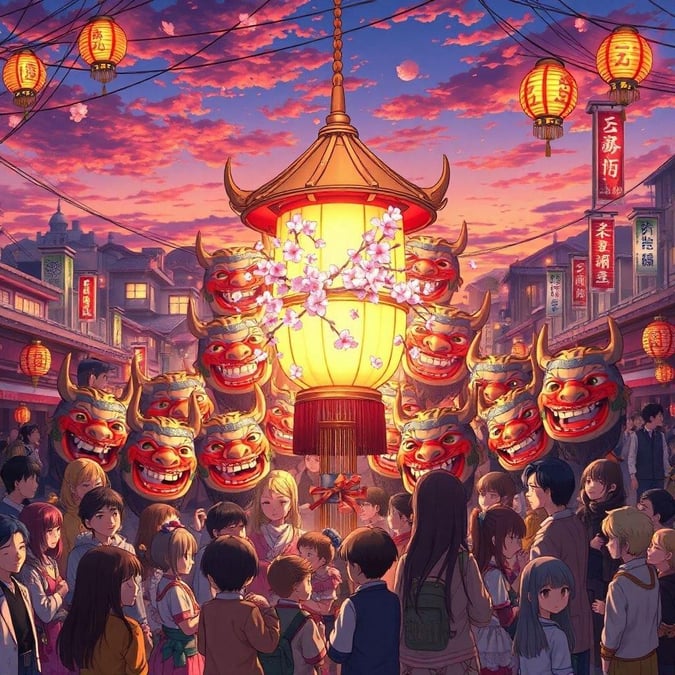 Immerse yourself in the vibrant world of anime with this stunning wallpaper featuring a group of smiling oni masks, a lantern with a pink cherry blossom display, and a bustling cityscape filled with people dressed in colorful attire.