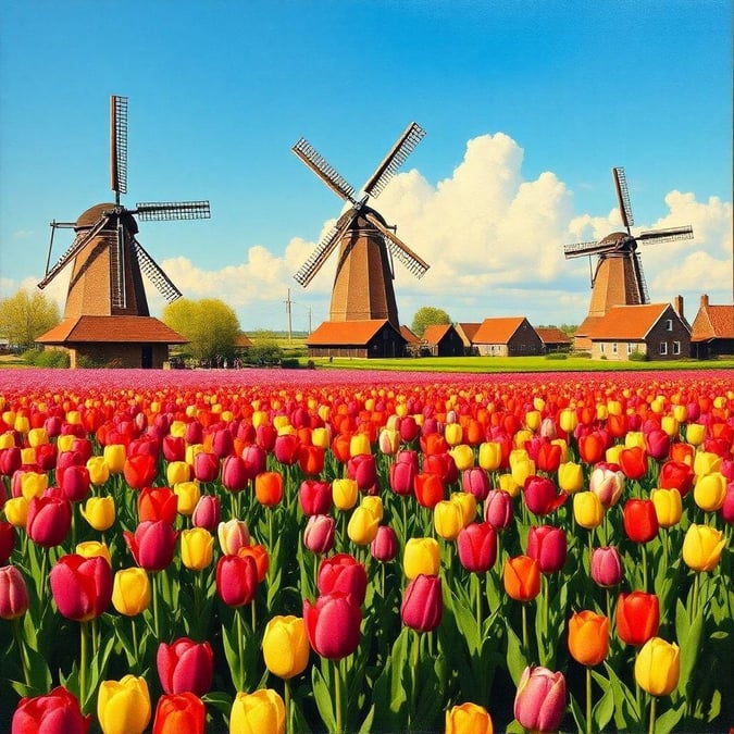 This beautiful wallpaper features a stunning tulip field with vibrant flowers in various colors, set against the backdrop of traditional Dutch windmills. The image exudes a sense of cultural heritage and natural beauty, making it perfect for those who appreciate the charm of the Netherlands.