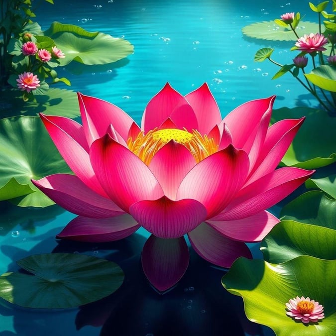 Discover the enchanting beauty of this vibrant pink lotus flower, majestically blooming in the heart of a tranquil lily pad garden.