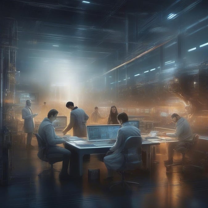 A futuristic scene where scientists are working in a neon-lit lab, surrounded by advanced technology.