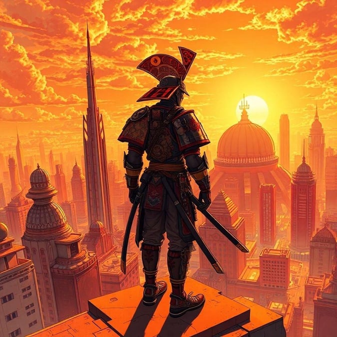 Immerse yourself in the captivating world of steampunk with this anime illustration of a samurai standing at the edge of a futuristic cityscape. The scene is bathed in warm orange light, highlighting the intricate patterns and details of the samurai's attire, including his distinctive red and gold patterned headpiece. This wallpaper is perfect for fans of science fiction and fantasy, offering a unique blend of traditional Japanese culture and futuristic elements.