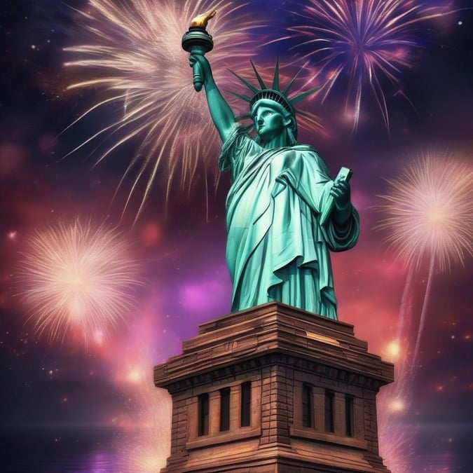 A wallpaper for celebrating the Fourth of July, featuring the Statue of Liberty with fireworks in the background.