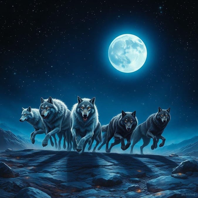 A captivating scene featuring four wolves running under the full moon. The stark contrast between the night sky and the dark landscape emphasizes the wild beauty of nature.