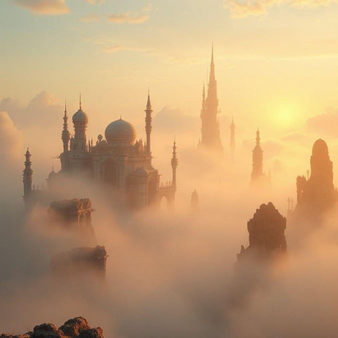 Experience the ethereal beauty of this castle complex as the sun dips below the horizon, enveloping it in a serene fog. A majestic landmark captured in an otherworldly light.