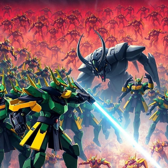 This anime wallpaper features a group of robots in samurai armor, with a large army of robots battling a mysterious monster in the background. The vibrant green and yellow armor of the robots contrasts with the sleek black outfits of the demons, creating a visually striking image.