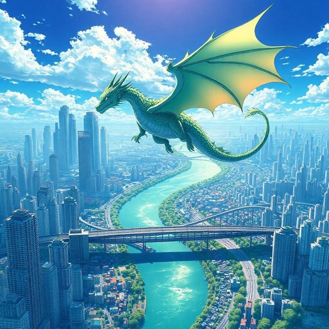 This anime-style illustration depicts a shy high-school boy transformed into a dragon soaring over a bustling metropolis. The city's skyline features tall buildings, a winding river, and a large bridge spanning the river. The scene is characterized by blue and green hues, capturing a moment of tranquility.