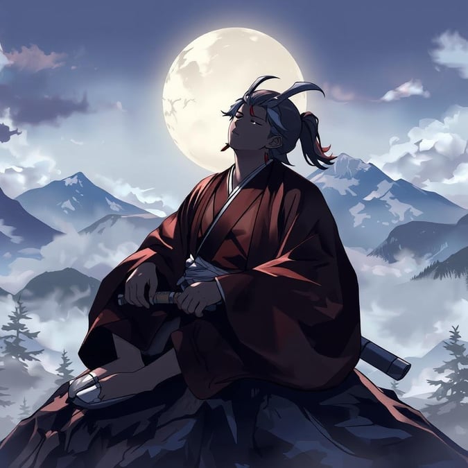 This anime-style wallpaper features a serene samurai sitting on a mountain peak, exuding a sense of peace and tranquility. The misty landscape with mountains and trees in the background adds to the anime-like atmosphere, making it a perfect desktop or mobile wallpaper for fans of the genre.