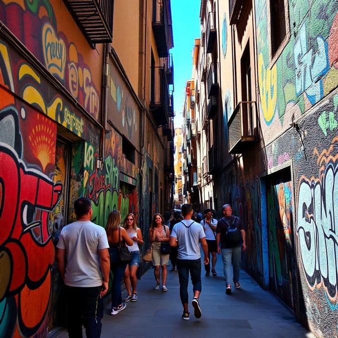 Take a vibrant walk through the narrow streets of an urban European setting, adorned with graffiti and street art.