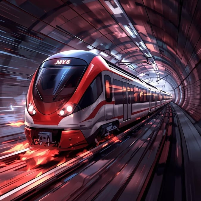 This captivating anime wallpaper features a high-speed train racing through a tunnel, its bright lights illuminating the scene with an ethereal glow. The train's distinctive red and white color scheme is prominently displayed as it takes center stage in the image, while the dark background effectively emphasizes its motion.