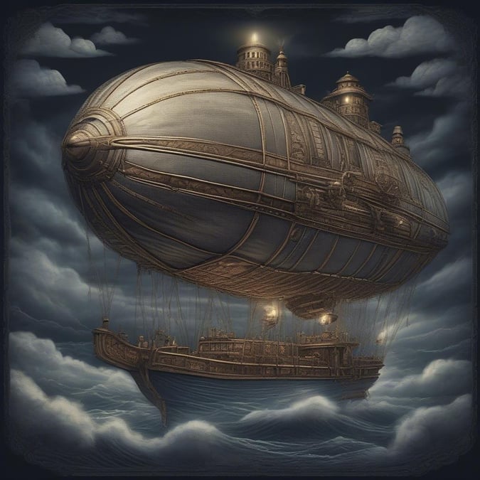 This stunning wallpaper features a vintage steampunk airship soaring above the ocean, with a large, ornate vessel in the foreground and a cloudy sky in the background.