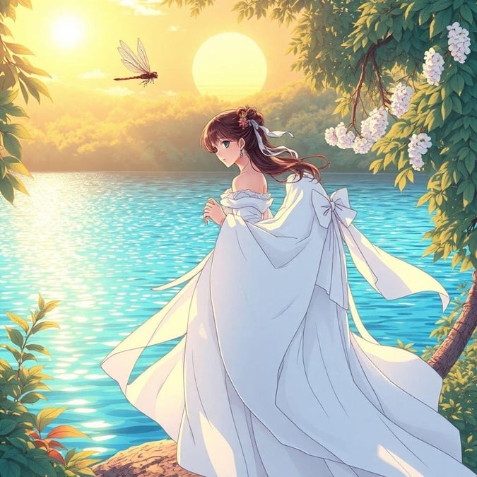 Immerse yourself in the serene beauty of this anime illustration, where a young Japanese princess is depicted in a flowing white dress, accompanied by a flowing dragonfly, set against the tranquil backdrop of a shimmering lake.