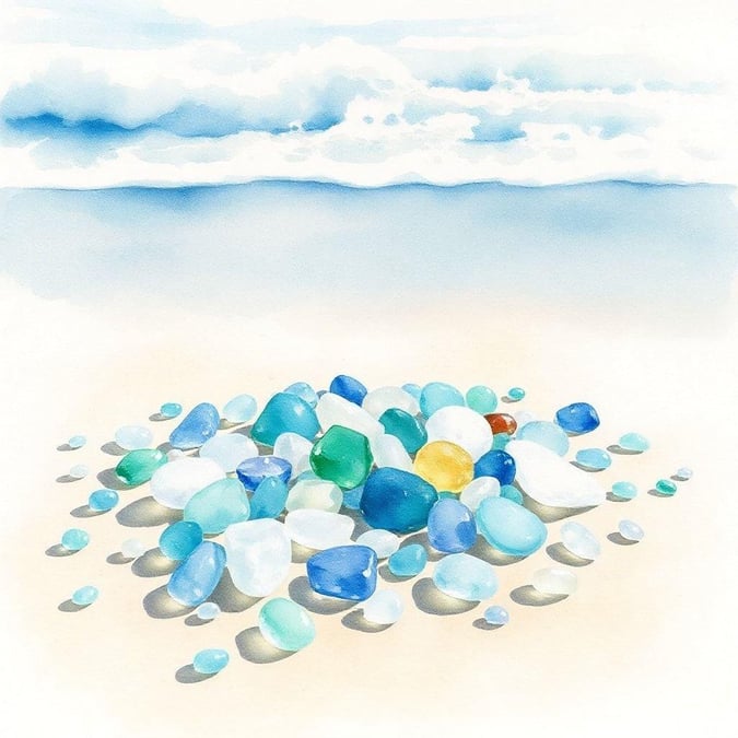 This image showcases an array of seaglass, each piece unique in color and size, scattered along the sandy shore. The variety of these pebbles is reminiscent of a beach walker's treasures from a day at the ocean.