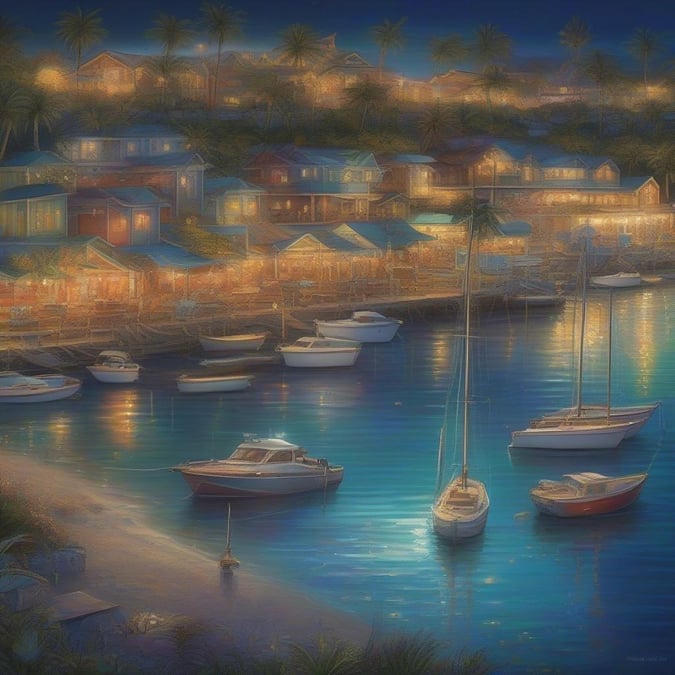 A serene evening scene at the pier with various boats floating gently in the calm waters. The coastal community is lit up for the night, creating a tranquil atmosphere.