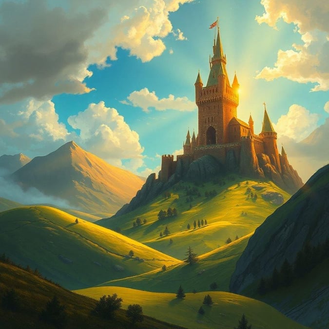 This image captures the grandeur of a castle perched on a hill at dawn. The sun is rising, casting a warm glow over the landscape and highlighting the castle's medieval architecture against the backdrop of a clear sky.