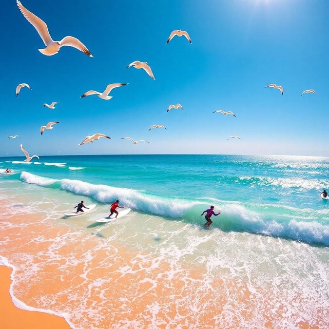 A serene and breathtaking scene of surfers riding the waves on a sunny day at the beach.