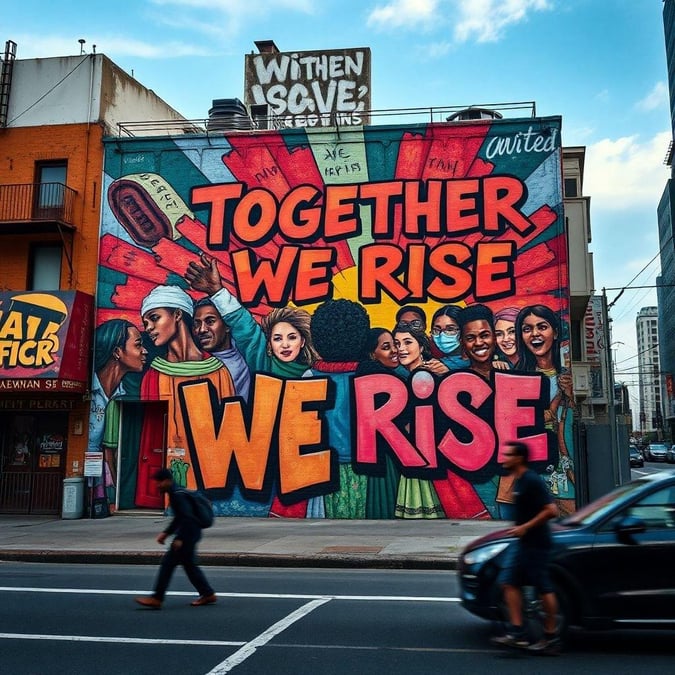 A vibrant urban mural celebrating unity, hope, and the power of many voices. A powerful quote in bold typography that inspires community spirit.