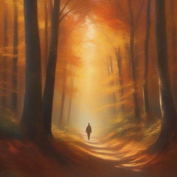 A tranquil scene of an autumn trail, evoking the spirit of Thanksgiving with a solitary figure walking towards the warm glow.