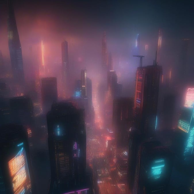 A futuristic city at dusk with towering skyscrapers bathed in neon lights.