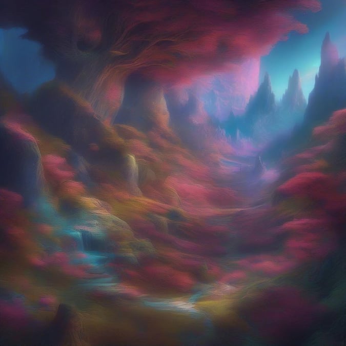 Mystical terrain unfolds, hinting at otherworldly fantasy or perhaps a dream-like exploration. The vibrant colors and surreal shapes make for a mesmerizing wallpaper.