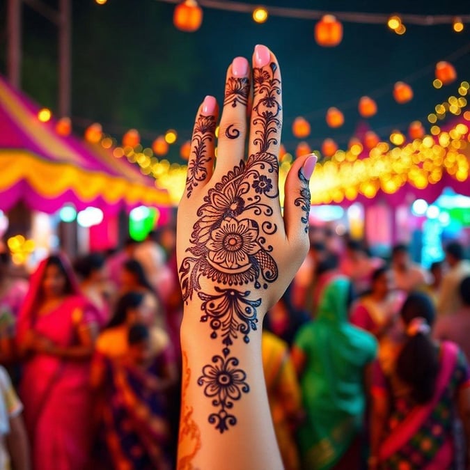 People are enjoying the festive atmosphere with colorful lights and henna adornments. The air is filled with excitement as this night celebrates the triumph of light over darkness.