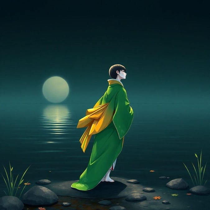 An anime-inspired illustration featuring a geisha in vibrant green and yellow attire, standing on the edge of a tranquil lake, evoking a sense of peace and natural beauty.