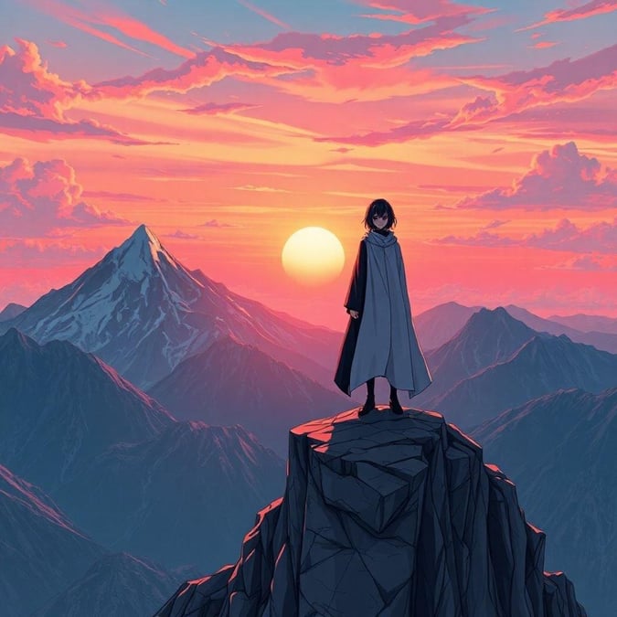 A serene and captivating anime scene featuring a solitary figure standing on a cliff overlooking the Japanese Alps, with a breathtaking sunset in the background.