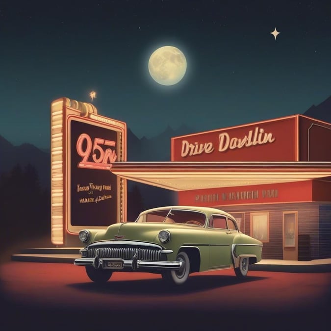 A vintage scene at a drive-in movie theater, complete with an old car parked in front of a neon sign advertising for a classic film.