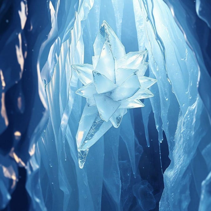 A stunning, large crystal star formed in the heart of an icy cave, embodying the frozen beauty of winter's night skies.