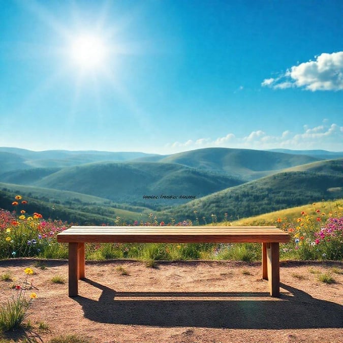 A serene bench overlooking a beautiful mountain landscape with a clear blue sky.