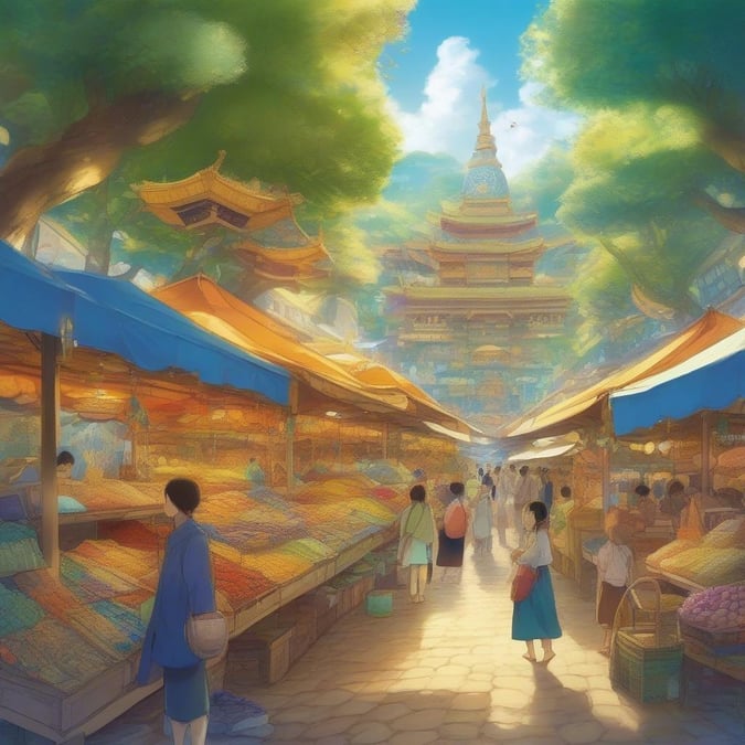 A bustling fantasy market teeming with colorful stalls and exotic goods, under a sky of blue. The central focus is a kaleidoscope of Asian mythology, surrounded by lush trees in the heart of a vibrant village.