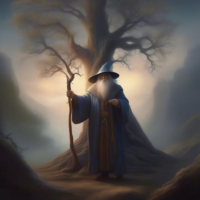 In the mystical realm of fantasy, a wise old mage, adorned in traditional robes, stands amidst ancient trees. His beard and long hair hint at his years of experience, and he holds a staff that speaks to the magic within him. The setting is enveloped by fog, adding an air of mystery to this scene from the magical world.