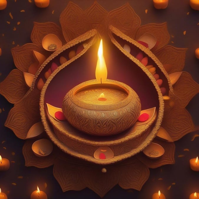 This beautiful wallpaper captures the essence of Diwali, the festival of lights. The image features a stunning lotus flower with a candle in the middle, surrounded by intricate designs and patterns. The vibrant colors and delicate details make this wallpaper perfect for adding a touch of cultural flair to your desktop or mobile device.