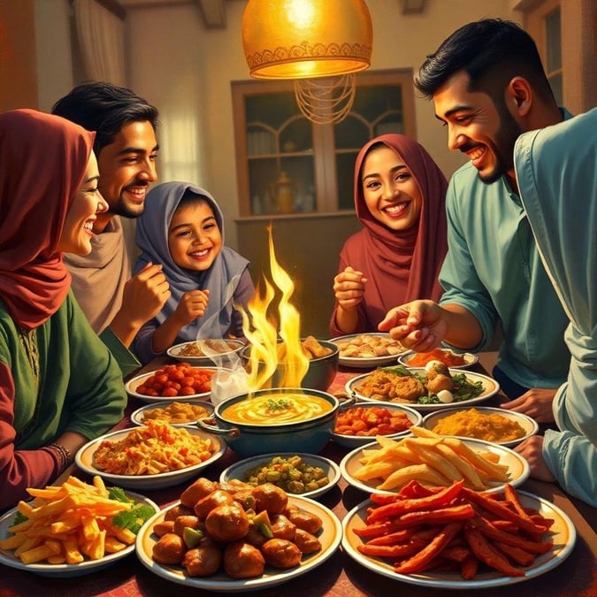 A joyful gathering of family members enjoying a meal during the holy month of Ramadan, symbolizing unity and warmth.