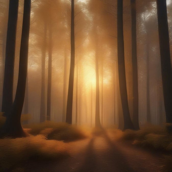 A peaceful, misty morning in a forest where the sun is rising through the trees, creating an ethereal atmosphere.