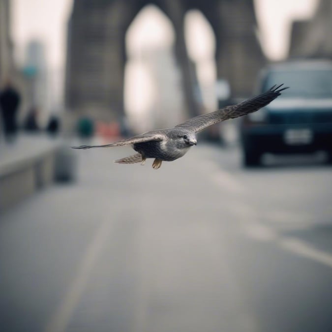 This image captures the graceful motion of a bird soaring through an urban landscape. The backdrop features one of the world's most iconic bridges, while the foreground is bustling with city life. The bird's flight path takes it right in front of the viewer, creating a dynamic and engaging scene.