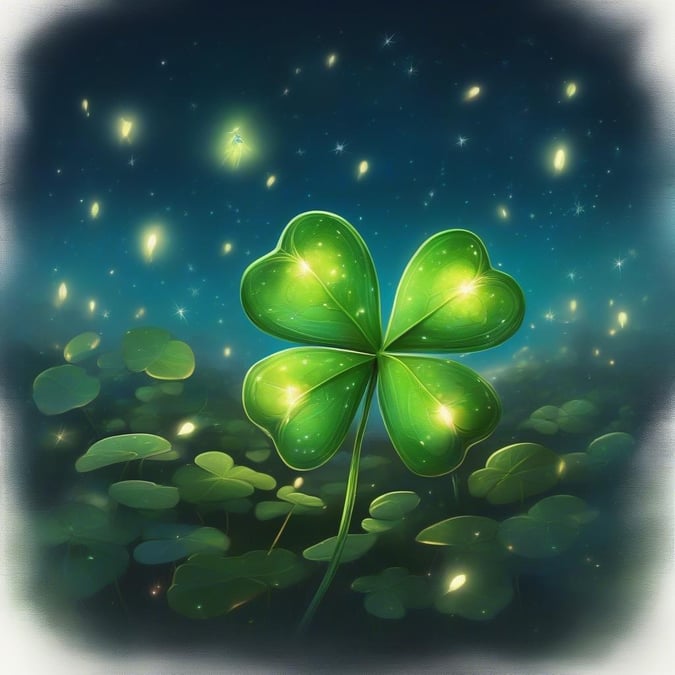 A festive scene capturing the spirit of St. Patrick's Day with a shamrock planted in vibrant green four-leaf clover surrounded by lush foliage under a starry night sky.