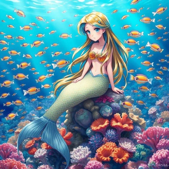 This enchanting anime illustration features a charming mermaid sitting atop a coral reef, surrounded by a kaleidoscope of rainbow-colored fish. The mermaid's hair flows like a waterfall, adding to the whimsical charm of the scene. The illustration masterfully balances colors and textures, with the mermaid as the central figure, while the background evokes a sense of depth and mystery, inviting the viewer to explore the underwater world.