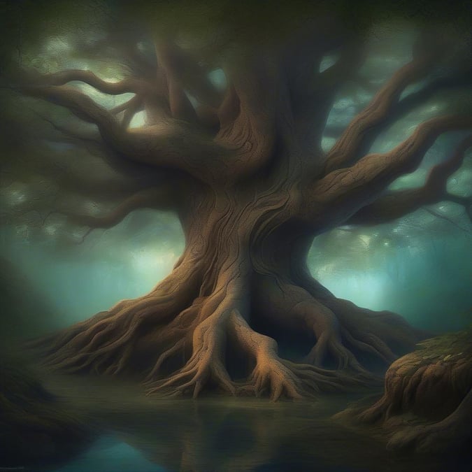 This image depicts an enchanting scene from a fantastical forest, with a massive ancient tree at its heart. The mystical atmosphere is accentuated by the twisted and gnarled roots that form a natural canopy above the ground.