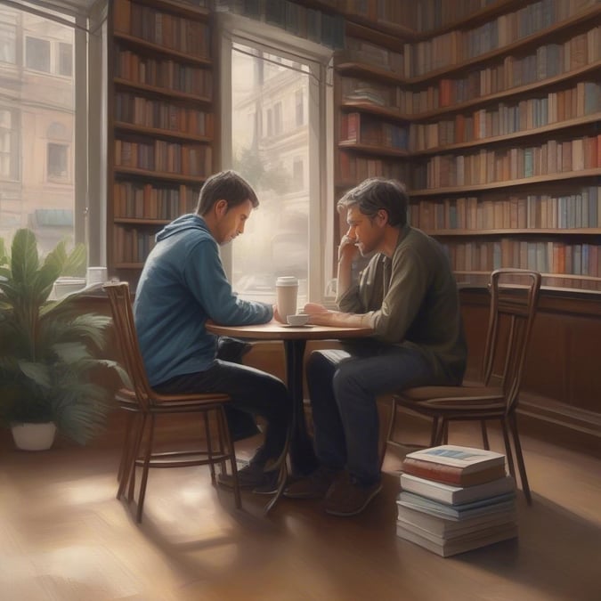 A cozy scene with two men discussing literature amidst a collection of books. The warmth of the setting and the companionship suggest an atmosphere of personal growth and shared passions.