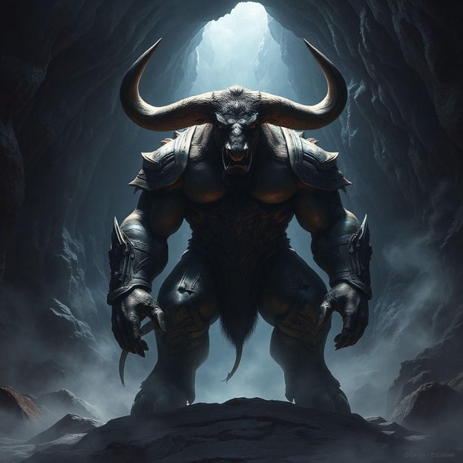 The mythical creature, part bull, part human, stands guard in the dark cavern. The minotaur is a fantastical beast that has captured the imagination of countless stories and myths across history.