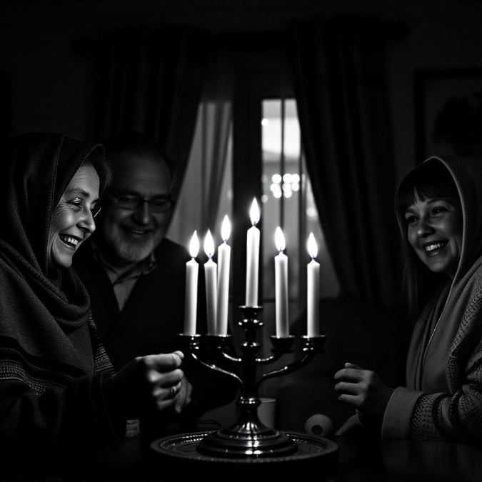 A heartwarming scene of a family celebrating Hanukkah together, surrounded by the warm glow of candles.